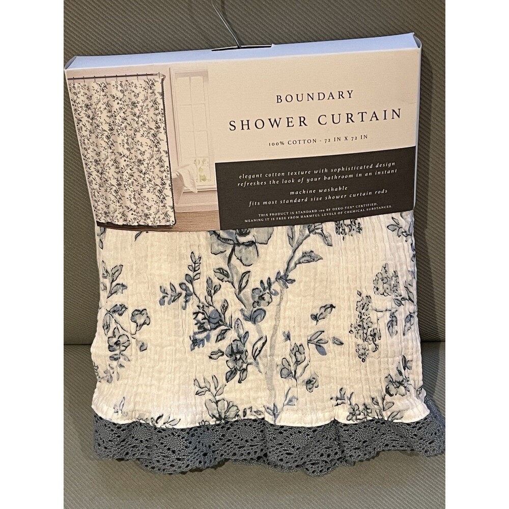 Boundary Shower Curtain Elegant Cotton Texture White Blue Floral Blue Trim New